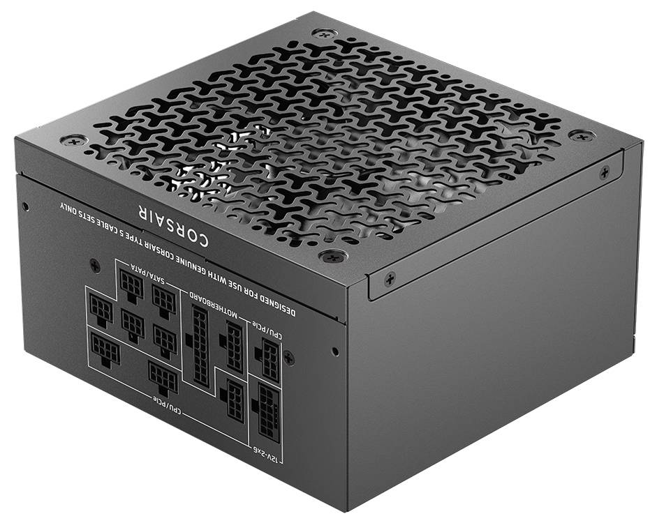 Černá napájecí jednotka Corsair s několika sokety pro připojení kabelů. Větrací mřížka a vytištěné pokyny jsou viditelné.