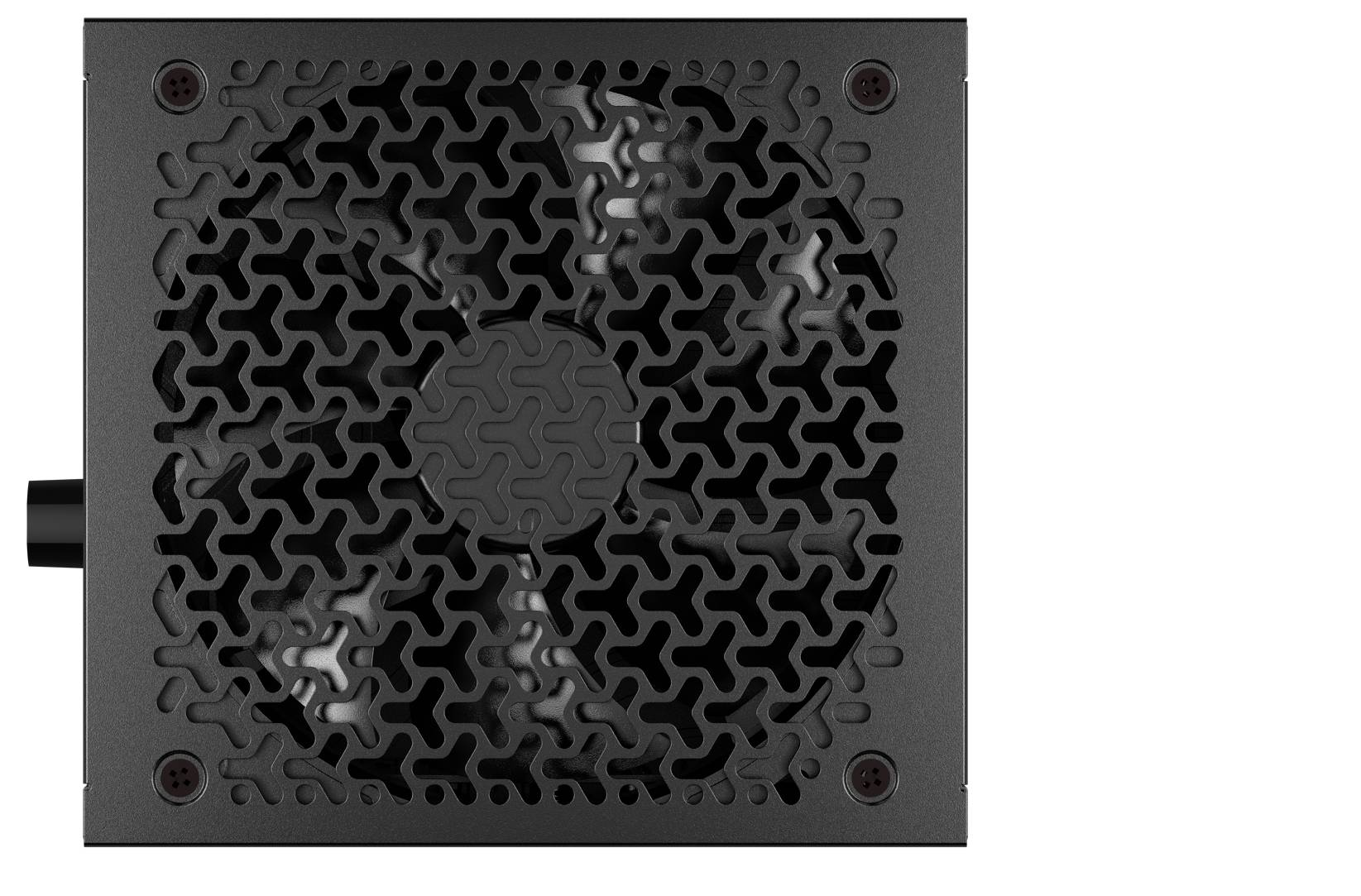 Napájecí zdroj počítače s velkým chladicím ventilátorem a složitým designem mřížky, pohled shora, zobrazující chladicí mechanismus.
