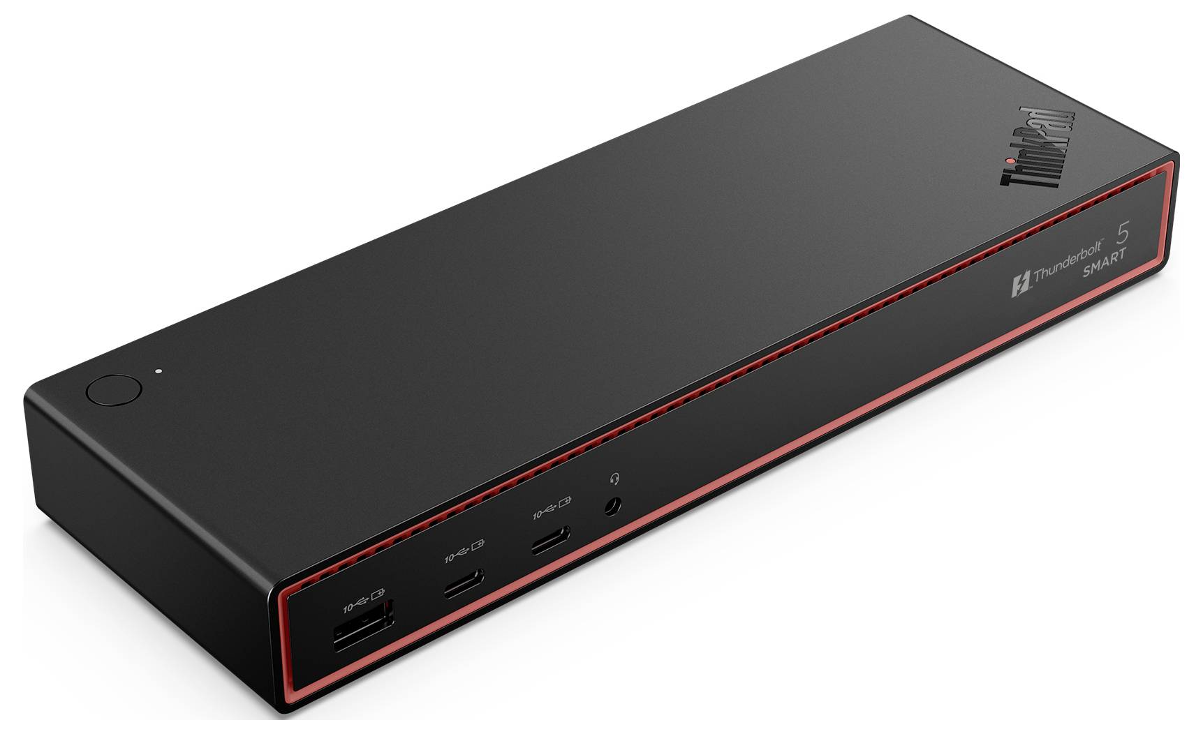 Obdélníková černá dokovací stanice s červenými akcenty, která nabízí několik USB portů a možnosti připojení, označená jako 'ThinkPad Thunderbolt 3 Dock Gen 2'.