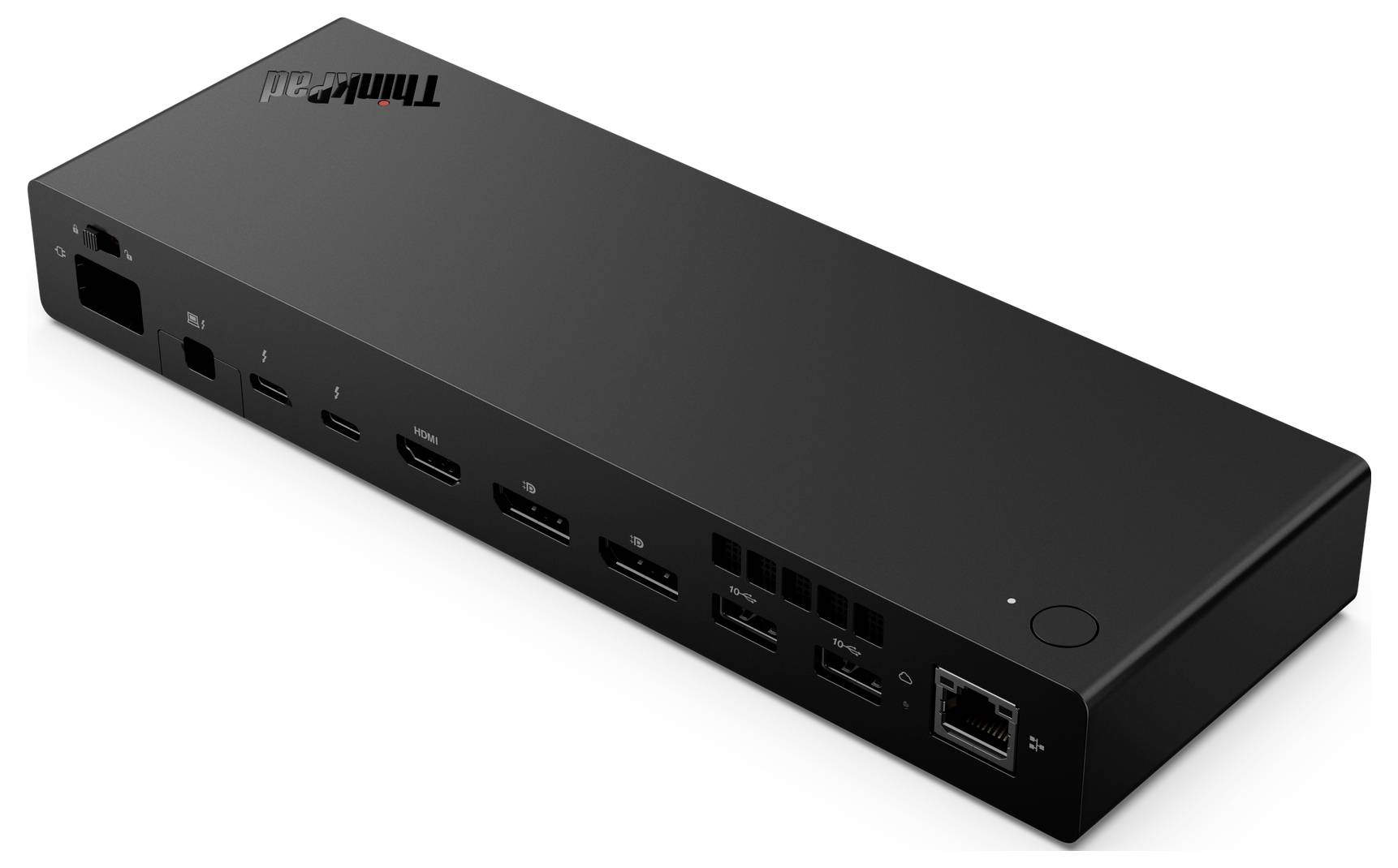 Černá elektronická dokovací stanice s různými porty včetně HDMI, USB a Ethernet, určená pro počítačové periferie.
