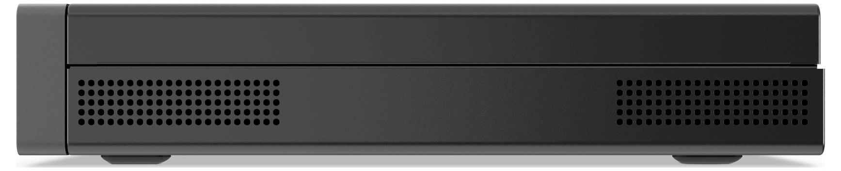 Černé obdélníkové elektronické zařízení s větracími otvory v dolní polovině, pravděpodobně set-top box nebo herní konzole, pohled zepředu.