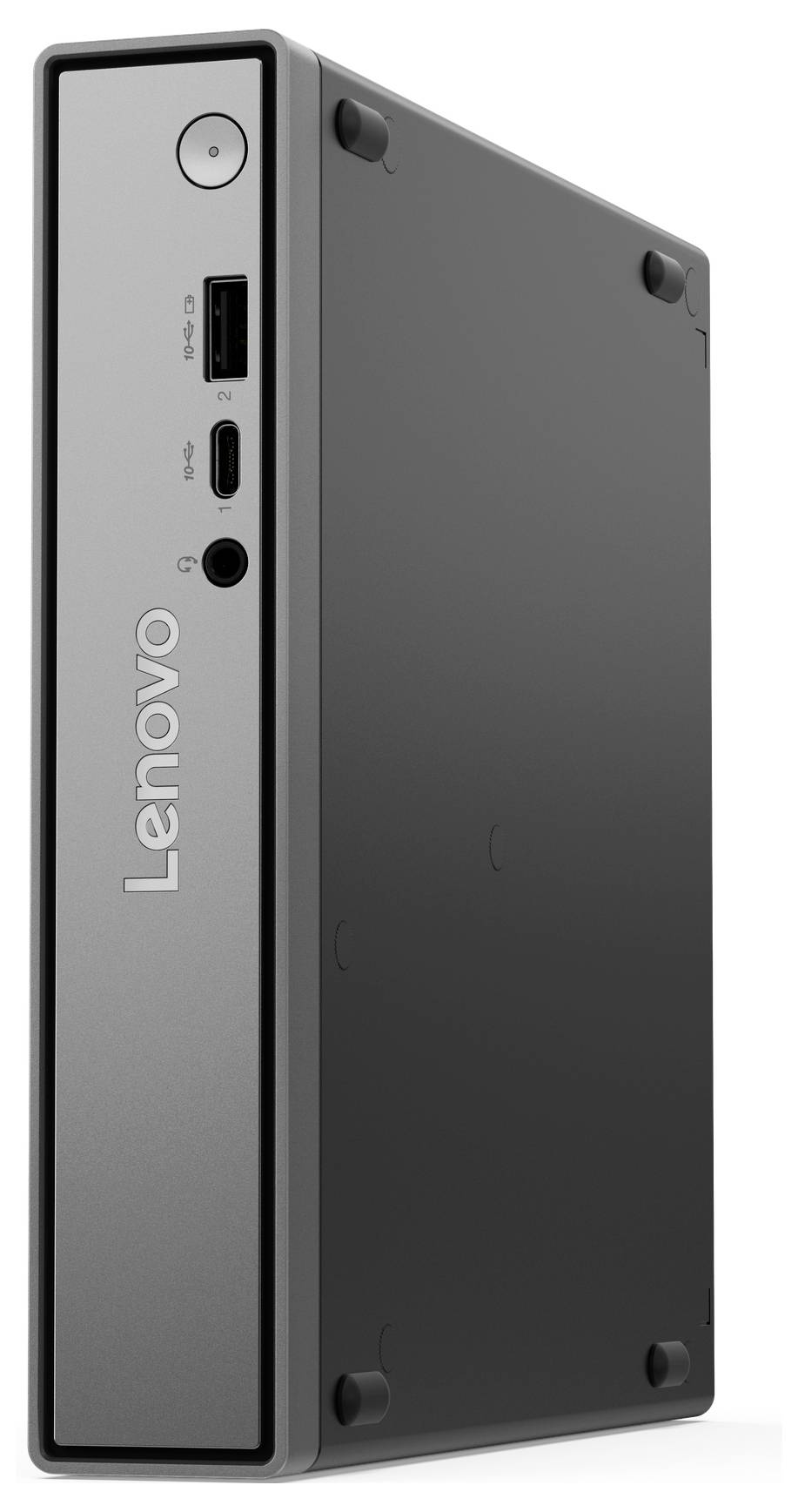 Kompaktní počítačová věž Lenovo v vertikální orientaci, zobrazující přední porty pro USB a sluchátka.