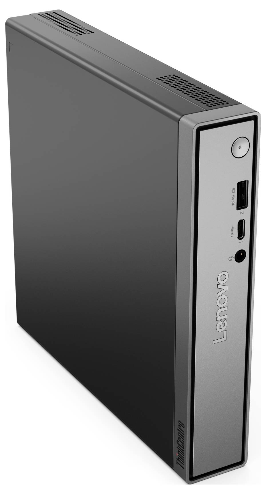 Kompaktní desktopový počítač Lenovo s elegantním designem, který nabízí USB a HDMI porty na předním panelu, ideální pro úsporu prostoru.