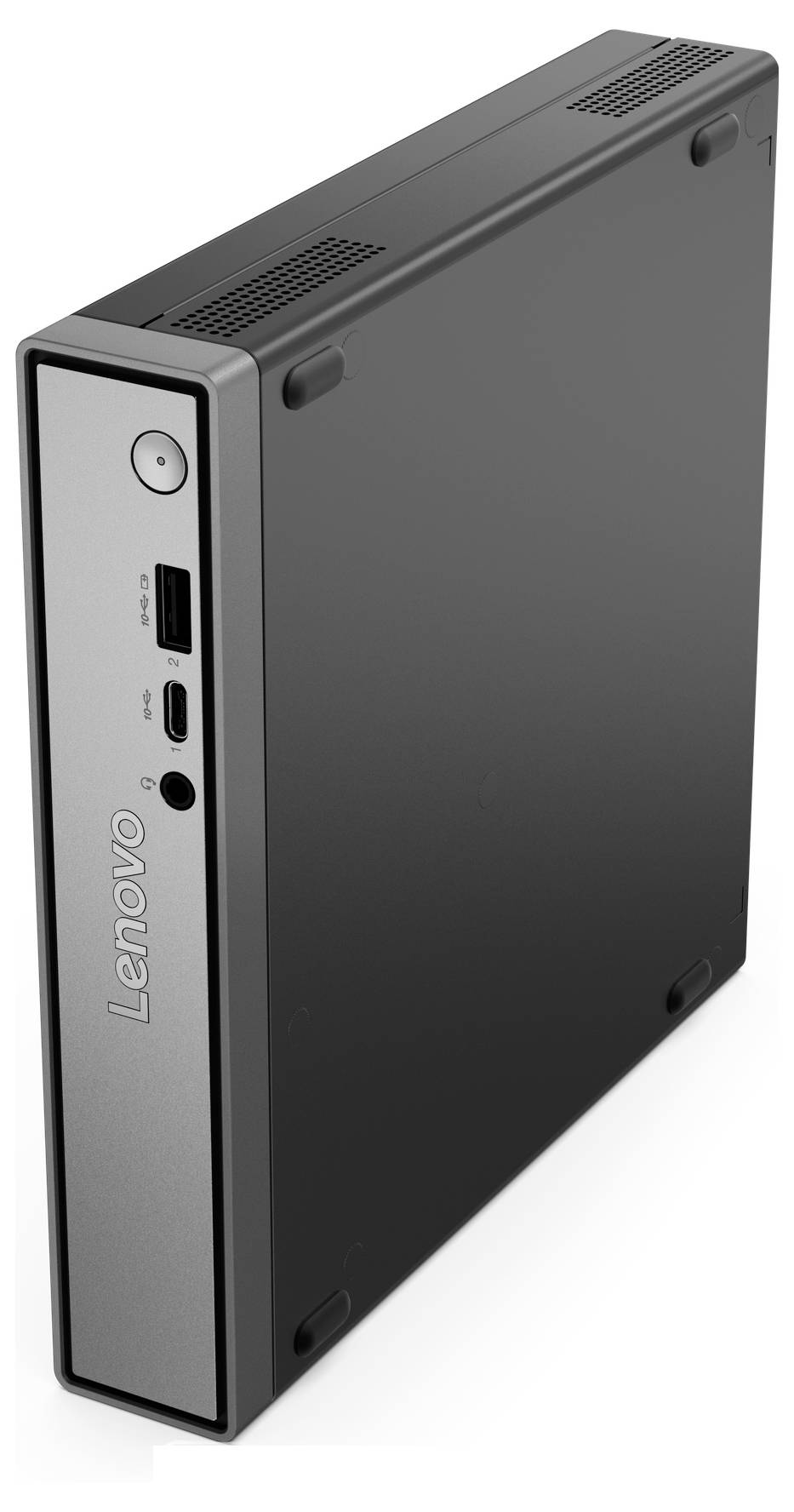 Malý, štíhlý černý stolní počítač Lenovo ThinkCentre s několika porty na předním panelu, zobrazený ve vertikální orientaci.