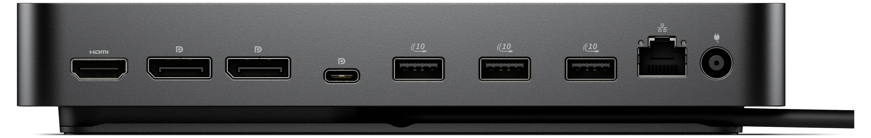 Obrázek zobrazuje zadní stranu počítačového rozbočovače s několika porty, včetně USB, HDMI, Ethernetu a napájecích připojení, což poukazuje na kompatibilitu.