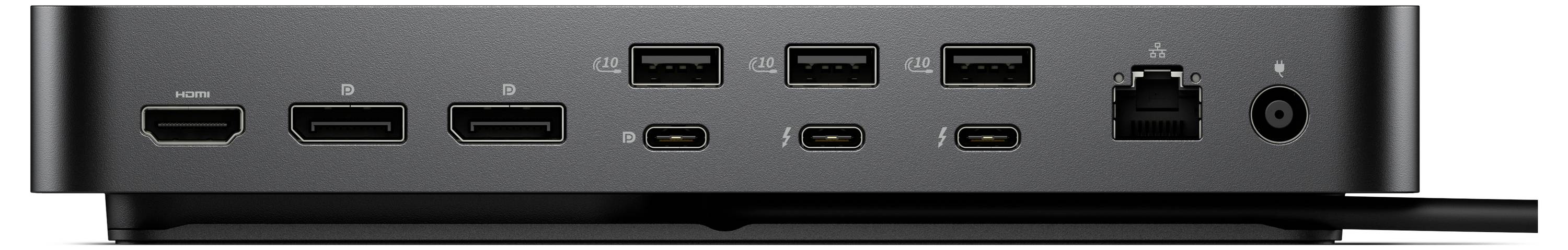 Pohled zezadu na počítačovou dokovací stanici s několika porty, včetně HDMI, Ethernetu, USB-A, USB-C a napájecího vstupu, určený pro připojení zařízení.