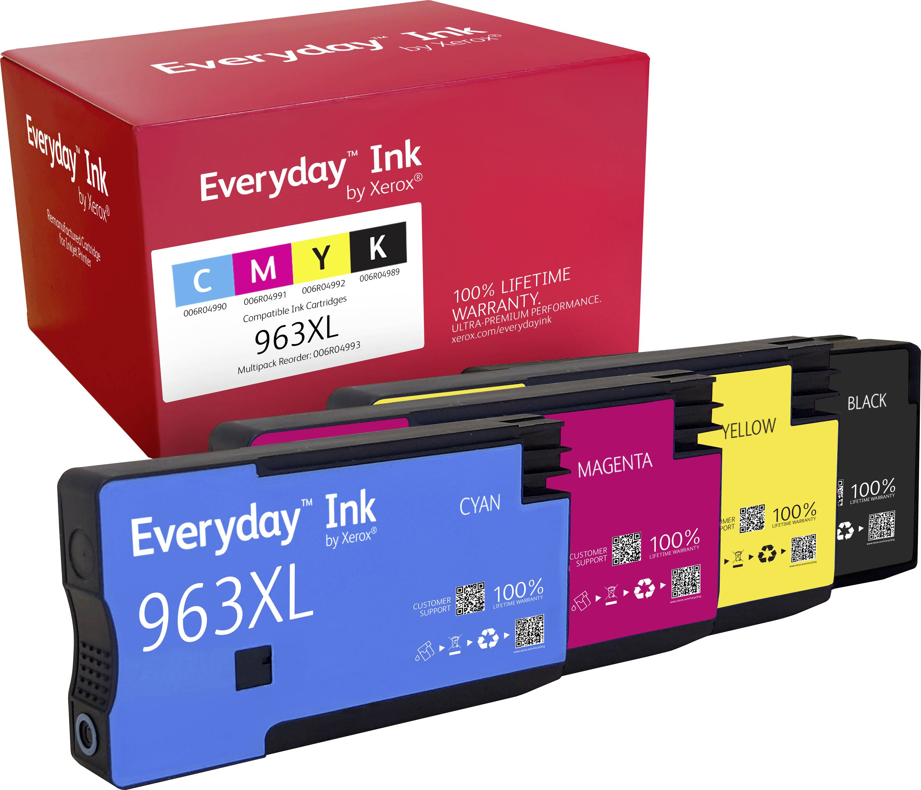 Krabice inkoustových kazet Xerox 'Everyday Ink', zobrazující čtyři inkoustové kazety: Azurová, Purpurová, Žlutá, Černá. Štítek '963XL' s '100% doživotní zárukou'.