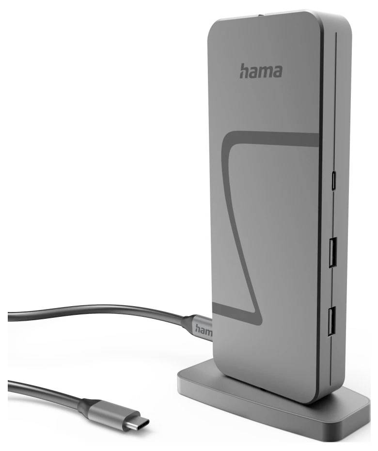 Vertikální dokovací stanice s více USB porty a připojeným kabelem, označená štítkem 'hama', určená pro připojení různých zařízení.