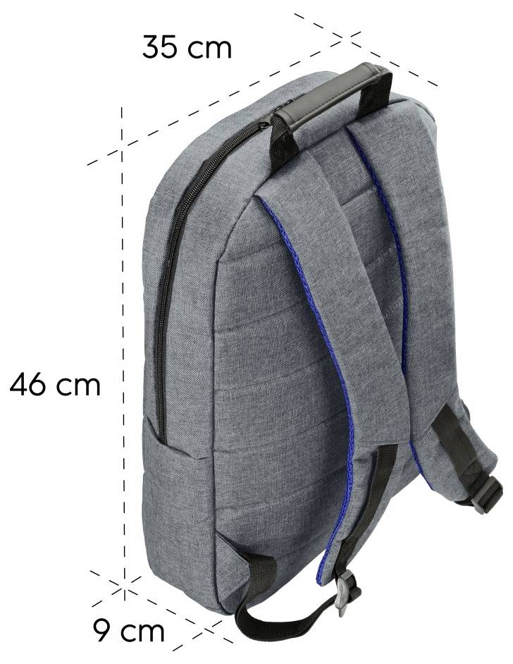 Šedý batoh zobrazený v profilu s vyznačenými rozměry 46 cm vysoký, 35 cm širokový a 9 cm hluboký.