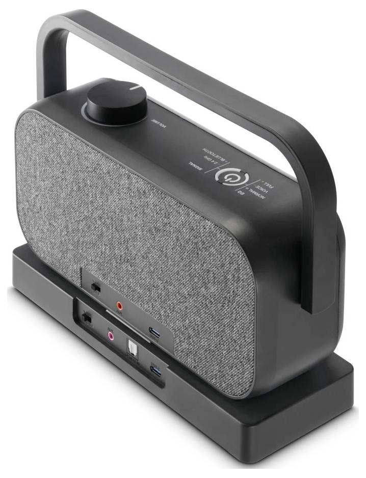 Přenosný černý reproduktor s texturovaným předním panelem, rukojetí pro přenášení a několika porty na spodní straně, včetně USB a audio vstupů.