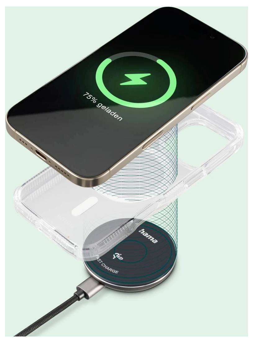 Telefon na bezdrátové nabíjecí podložce, zobrazující 75% nabití. Nabíjecí linky spojují podložku s telefonem.