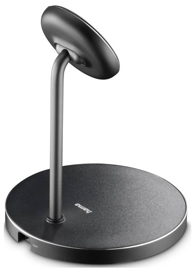 Elegantní černá bezdrátová nabíječka na telefon s kruhovým základem a vzpřímenou podpěrou. Zařízení má minimalistický design.