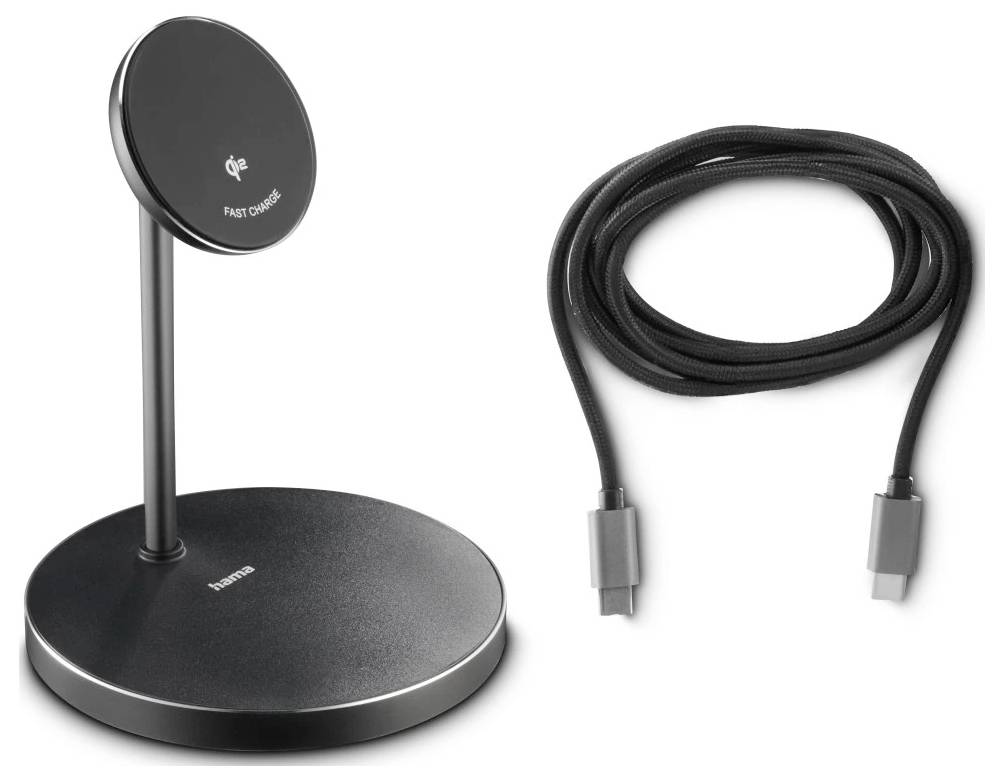 Černý bezdrátový nabíjecí stojan s elegantním kovovým rámem a kruhovým základem, dodávaný s nabíjecím kabelem USB-C.