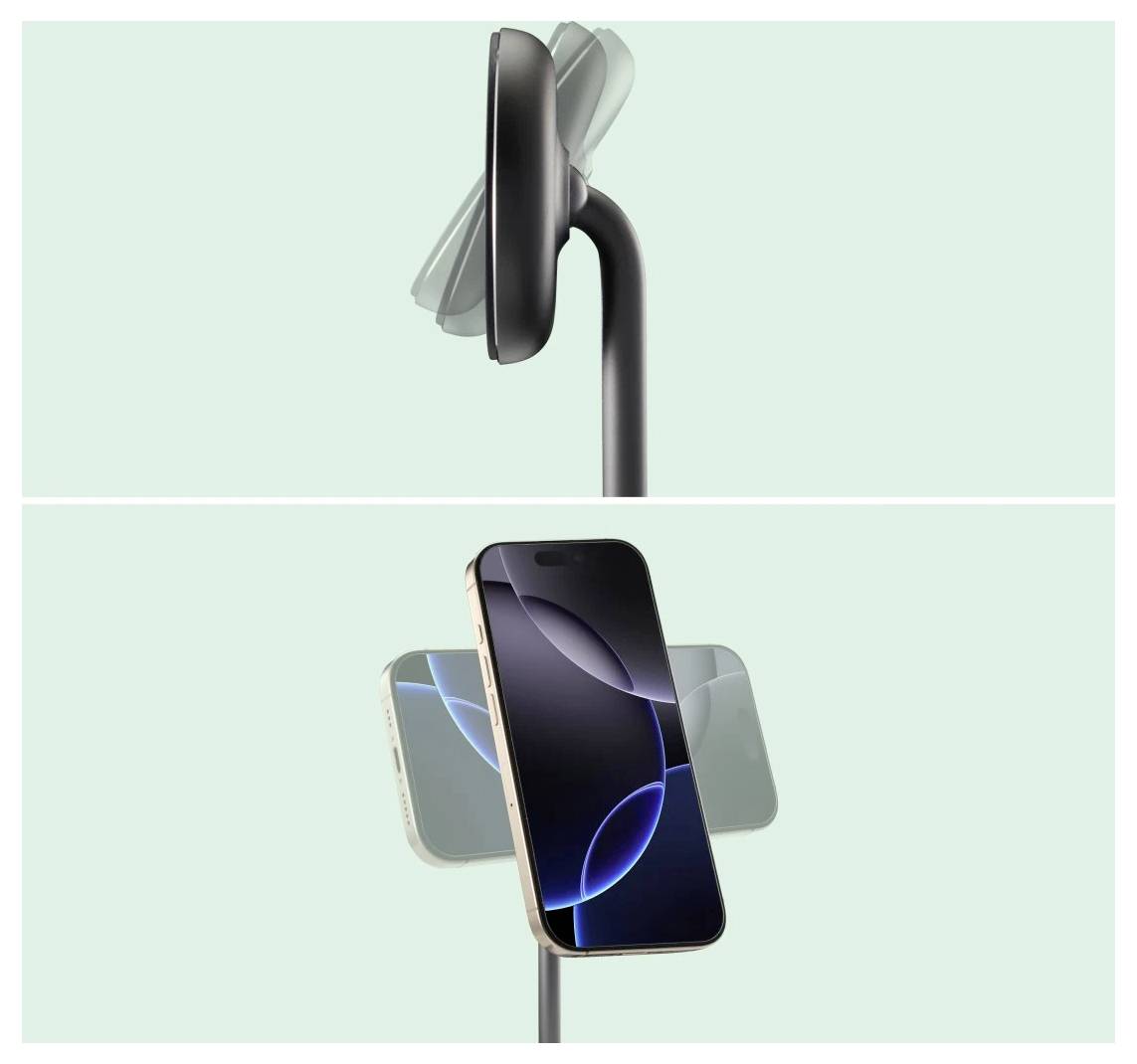 Telefon na magnetickém stojánku se otáčí mezi vertikální a horizontální polohou na světle zeleném pozadí.