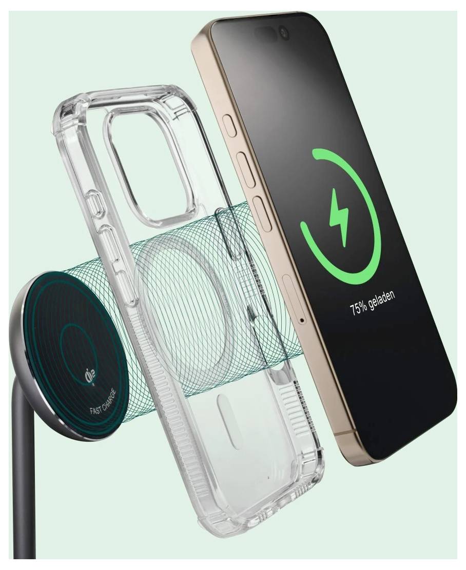 Smartphone s ikonou nabíjení na obrazovce, která zobrazuje '73% nabito'. Telefon je bezdrátově nabíjen na stojánku, vedle průhledného pouzdra.