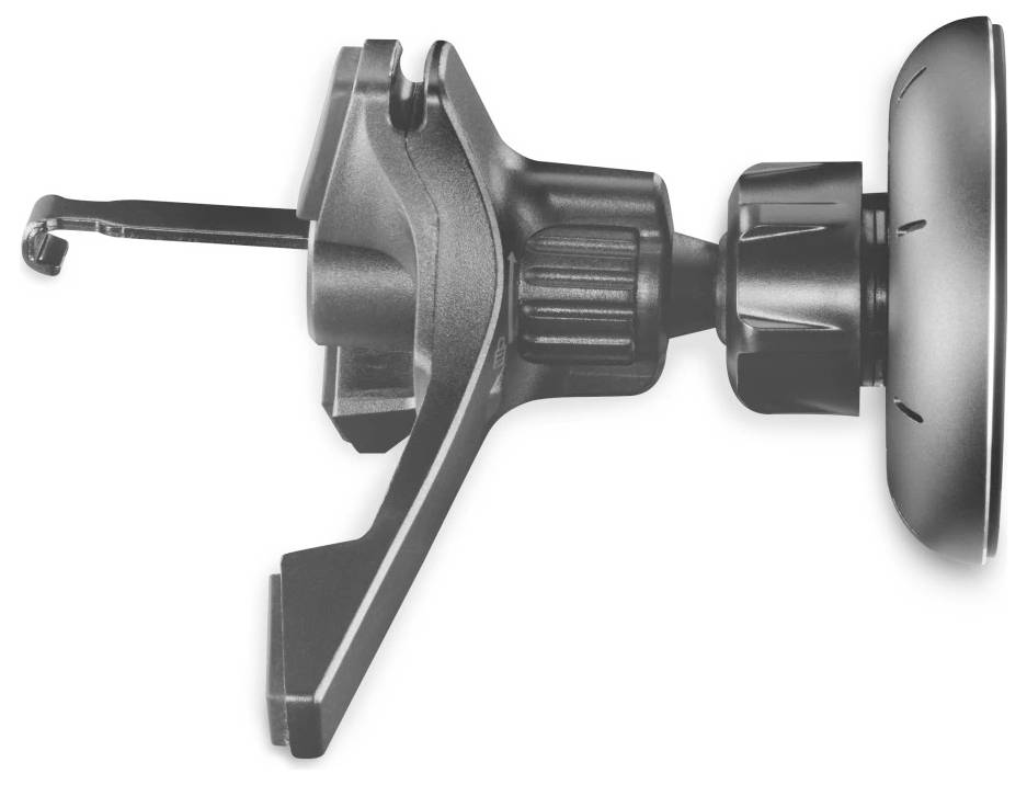 Černá mechanická svorka s hákem na jednom konci a kulatým nastavovacím knoflíkem na konci druhém, určená pro upevňování předmětů.