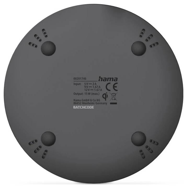 Obrázek ukazuje spodní stranu bezdrátové nabíjecí podložky se specifikacemi: vstup 5V-2A, 9V-1.67A, výstup max. 15W, značka Hama.