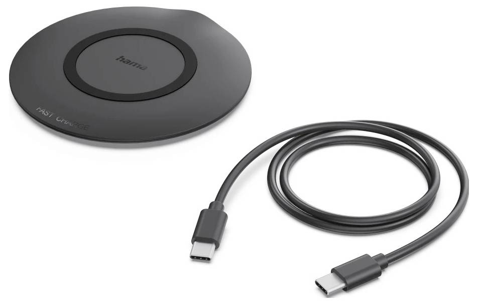 Kulatá černá bezdrátová nabíjecí podložka s brandingem 'Hama', která je umístěna vedle USB-C až USB-C kabelu, což naznačuje konektivitu a přenos energie.
