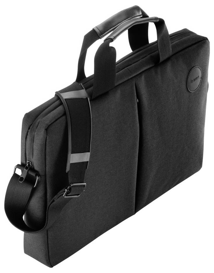 Černý laptop briefcase na zip s popruhem přes rameno a madly na vrchu zobrazen na bílém pozadí.