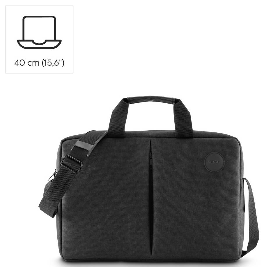 Černý batoh na notebook s uchy a popruhem přes rameno, zobrazen s ikonou velikosti udávající 40 cm (15,6")