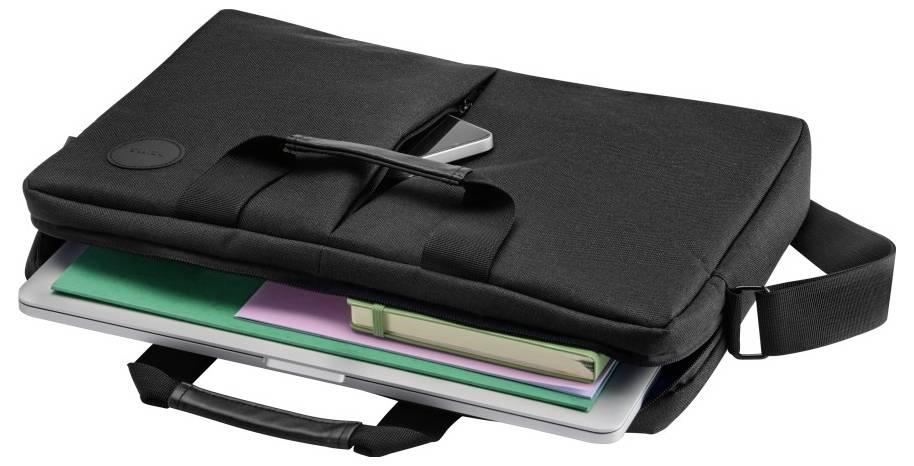 Černá taška přes rameno na notebook s notebookem a složkami, s perem a poznámkovým blokem viditelným uvnitř.