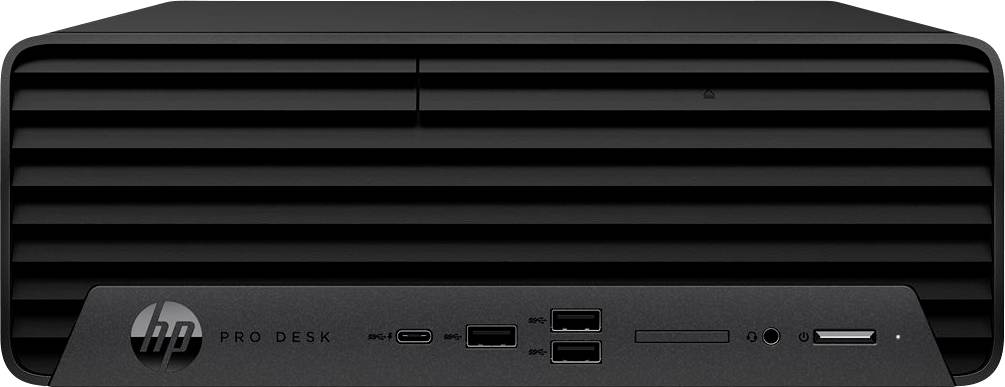 Horizontální stolní počítač s předním panelem zobrazujícím vypínač, USB porty, vstup pro sluchátka, slot na SD kartu a značkou 'HP ProDesk'.