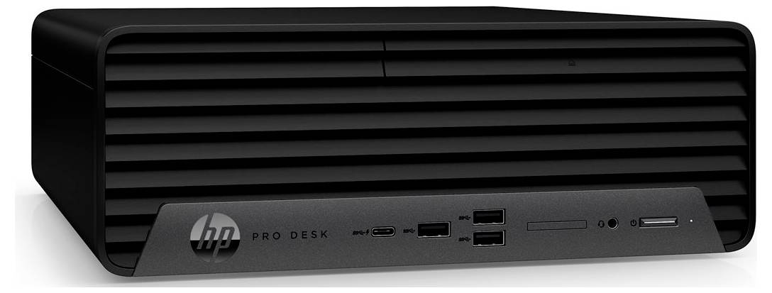 Černý mini stolní počítač HP ProDesk s přední deskou vybavenou dvěma USB porty, audio konektory a dalšími možnostmi připojení.