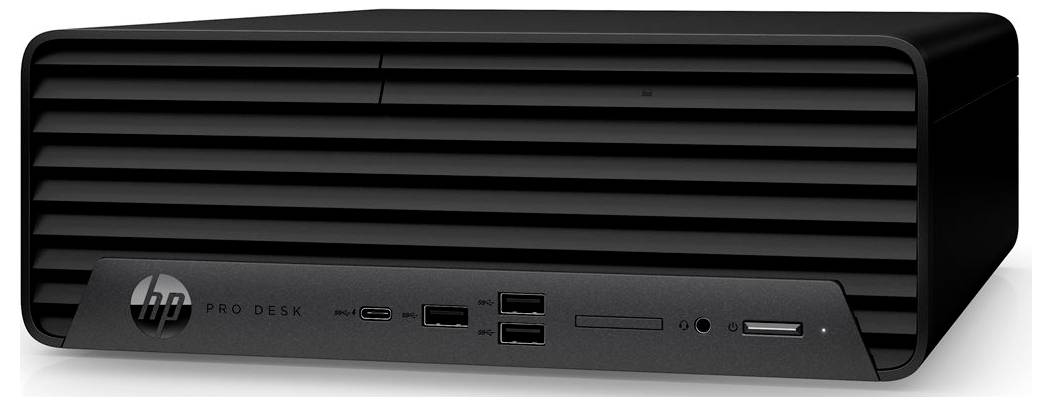 Černý počítač HP ProDesk s horizontálním větraným designem, multiple USB porty, čtečkou SD karet a sluchátkovým jackem na předním panelu.