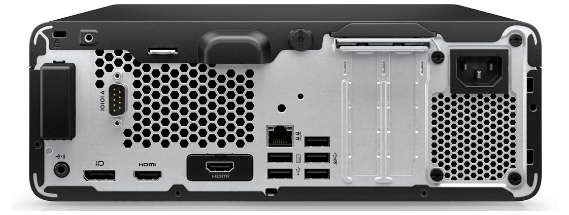 Obrázek ukazuje zadní panel počítačové skříně s několika USB porty, HDMI porty, ethernetovým portem, vstupem napájení a ventilací.