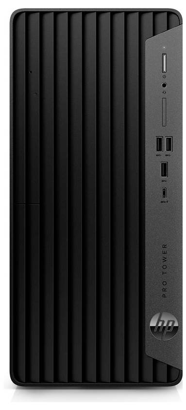 Černá počítačová věž s vertikálními žebry na předním panelu. Viditelné jsou múltiple USB porty, zvukové vstupy a vypínač.