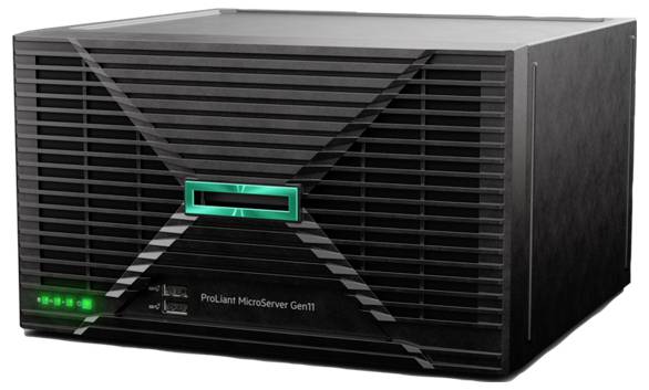 Obdélníkový, černý ProLiant MicroServer Gen11 se zelenými LED světly a USB porty na předním panelu.