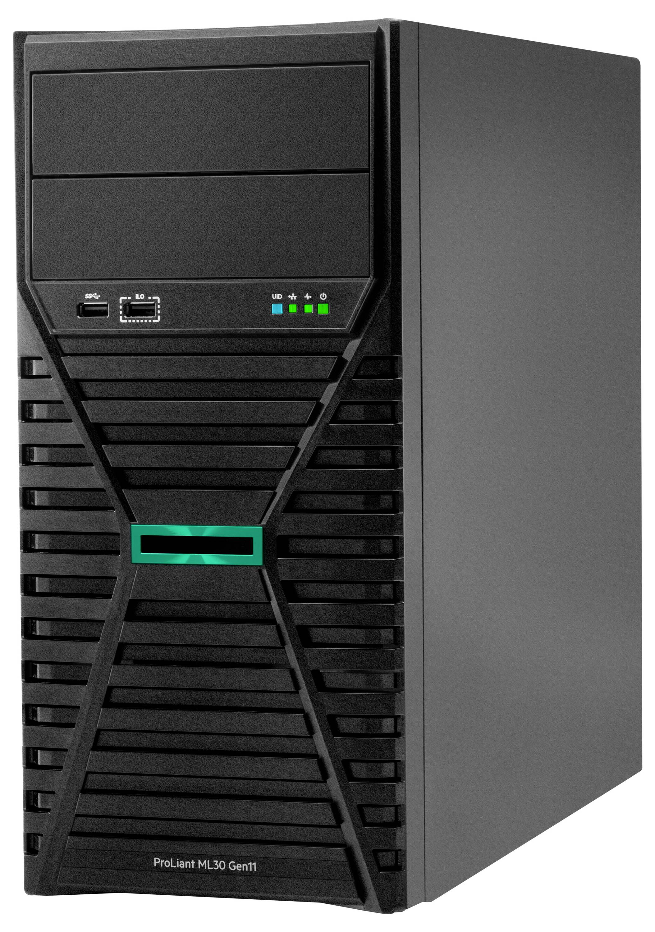 Černá počítačová skříň označená štítkem „ProLiant ML30 Gen11", s USB porty a LED indikátory na předním panelu.