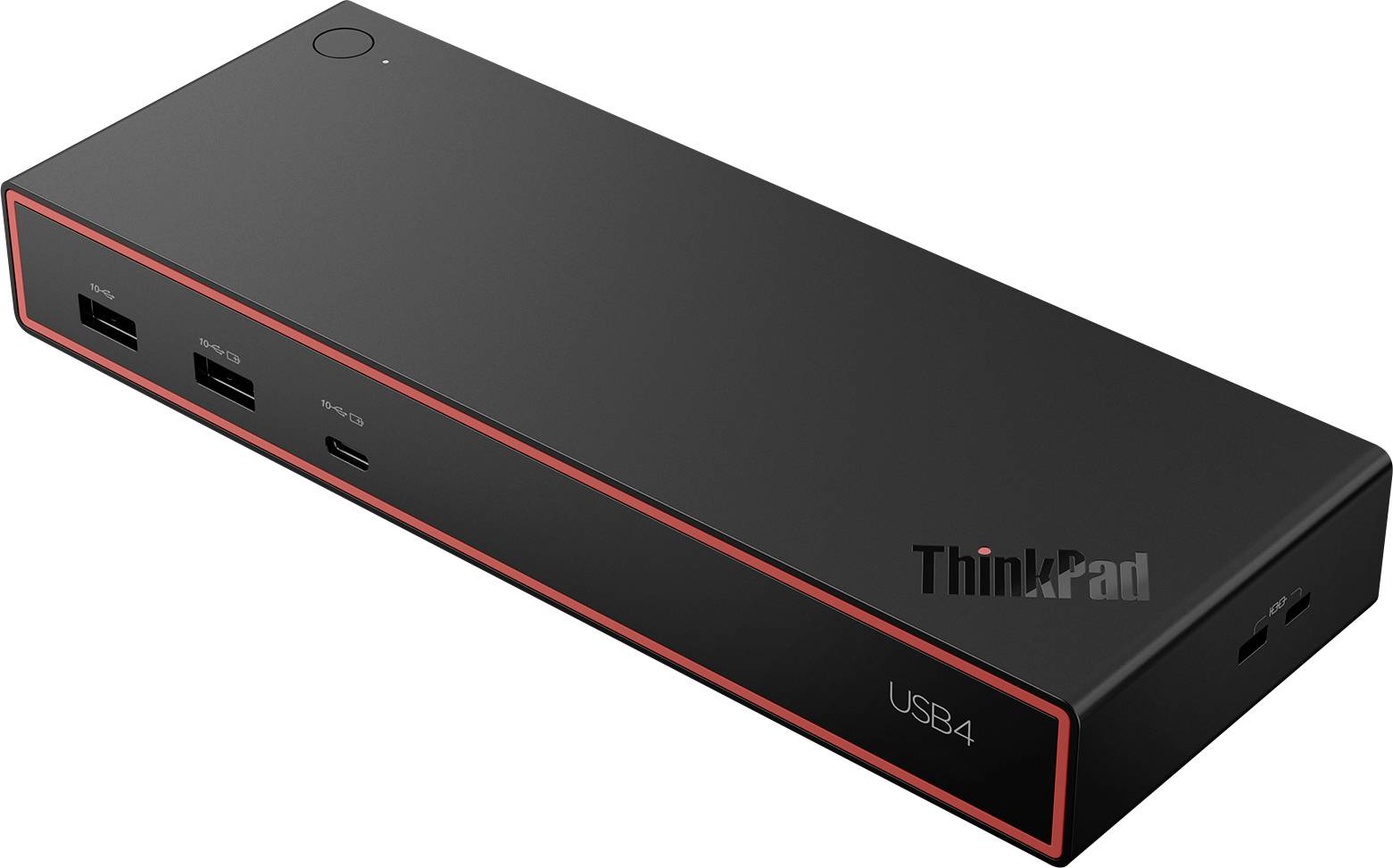 Obdélníkový černý USB4 dokovací stanice s několika porty, včetně USB-A a USB-C, s logem 'ThinkPad' na straně.