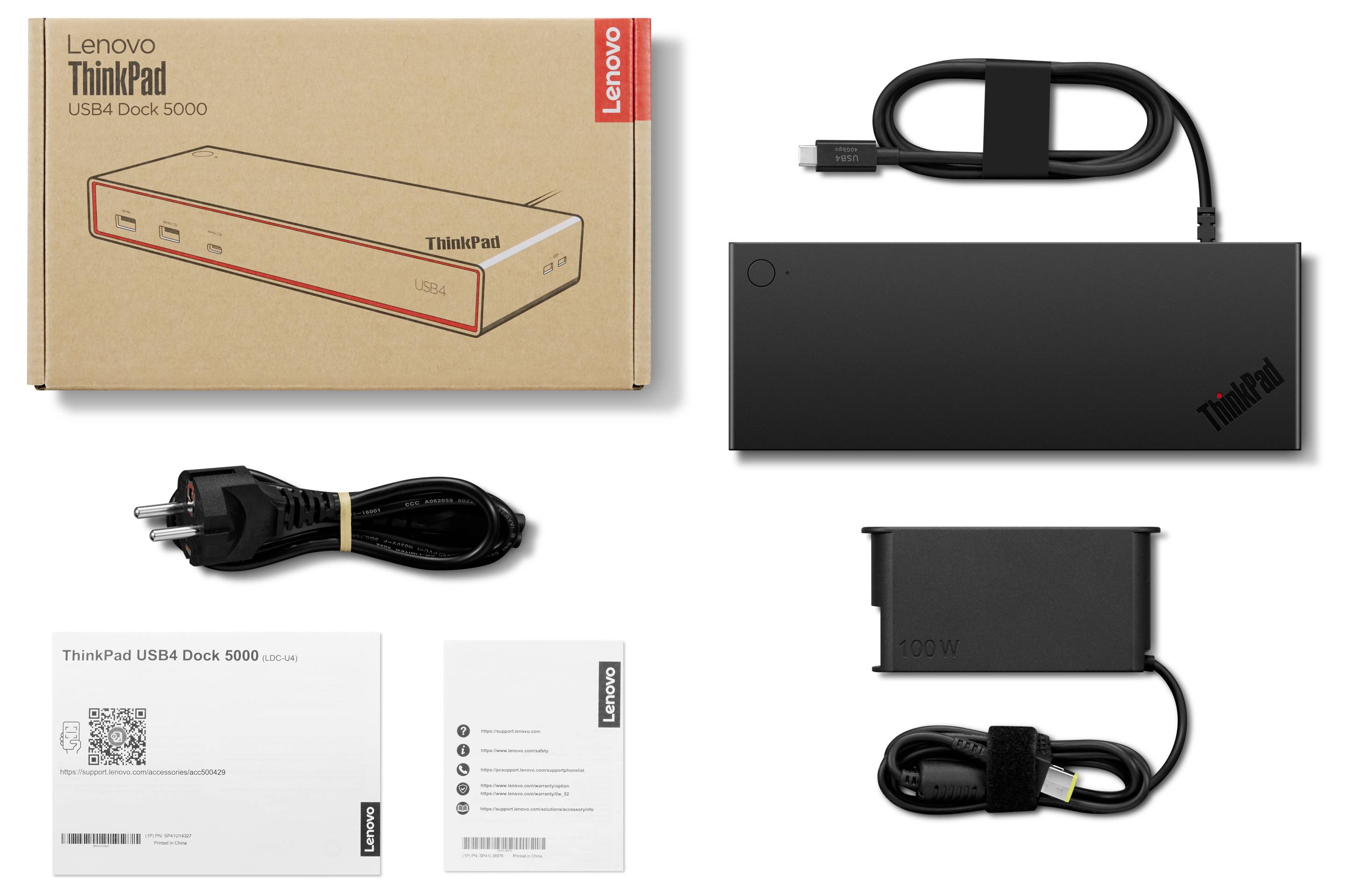 Obal 'Lenovo ThinkPad USB4 Dock 5000' s dokovací stanicí, napájecími kabely a návodem k instalaci. Dokovací stanice zobrazena shora s firemním označením.
