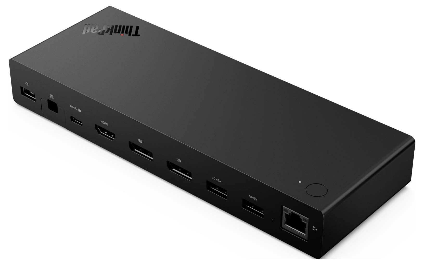 Černá elektronická dokovací stanice s multiple porty, včetně USB, HDMI a Ethernet, navržená pro připojení zařízení se zvýšenou funkčností.