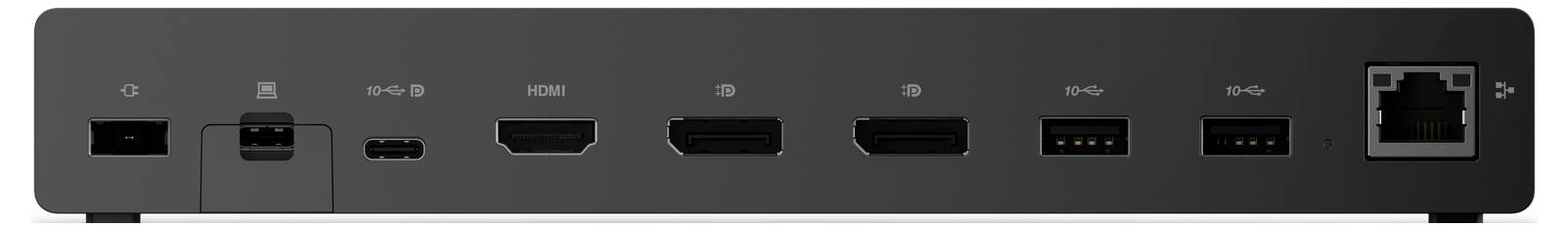 Černená elektronická dokovací stanice s různými porty: USB-C, dva HDMI, dva DisplayPorty, ethernet, dva USB-A a audio vstup.