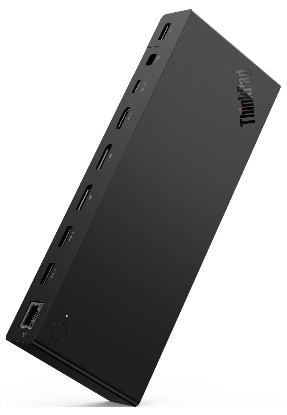 Černá dokovací stanice s několika porty pro připojení, zobrazená z úhlu, prezentující elegantní design s logem 'ThinkPad'.