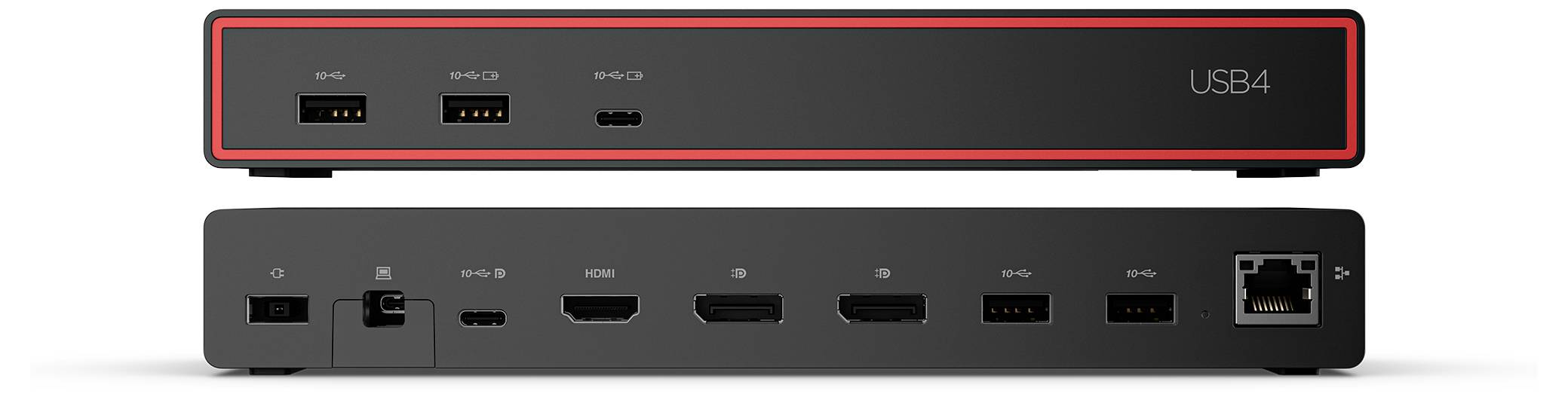 Porty USB4 dokovací stanice: 2 USB-A, 1 USB-C nahoře. Dole: napájecí vstup, 2 USB-C, HDMI, DisplayPort, 2 USB-A, Ethernet.