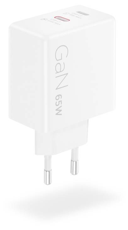Bílá GaN 65W USB-C nabíječka se dvěma kulatými kolíky je zobrazena s kompaktním designem. Výrazně na ní je zobrazený text '65W'.