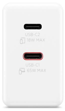 Bílá duální USB nabíječka s dvěma USB-C porty: 'USB-C2' označený pro maximálně 18W a 'USB-C1' zvýrazněný červeně pro maximálně 65W.