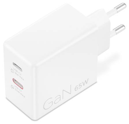 Bílá GaN 65W USB-C síťová nabíječka se dvěma porty označenými 'USB-C 65W MAX' a 'USB-A 60W MAX'. S evropskými zástrčkovými kolíky.