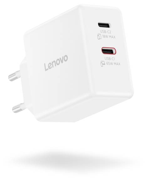 Bílá Lenovo USB nabíječka se dvěma porty: „USB-C2 18W MAX" a „USB-C1 65W MAX". Zástrčka obsahuje dva kulaté kolíky.