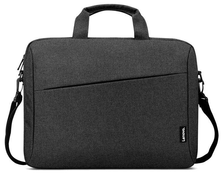 Šedá taška na notebook Lenovo s ramenním popruhem a horními úchyty. Taška má elegantní design s šikmou přední kapsou.