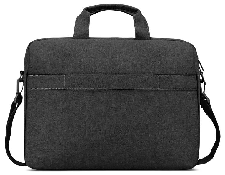 Černá laptopová taška s horními madly a odnímatelným ramenním popruhem, vyznačující se elegantním, minimalistickým designem.
