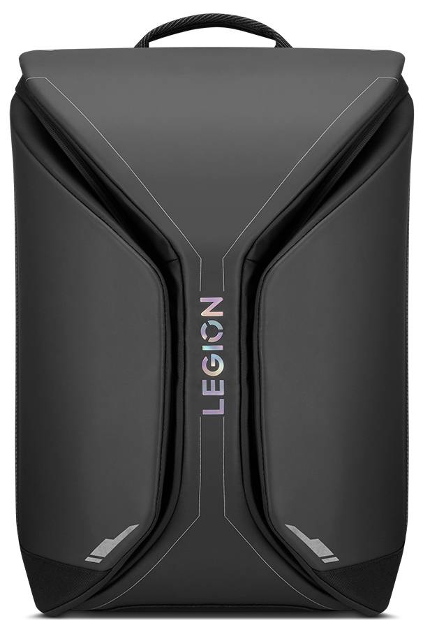Elegantní černý batoh s geometrickými designovými prvky a slovem 'LECION' v pestrých barvách uprostřed.