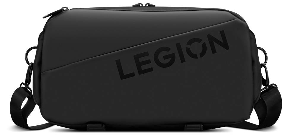 Elegantní černá taška přes rameno s nápisem 'LEGION' vytištěným tučnými písmeny na přední straně. Taška má šikmý design a nastavitelný popruh.