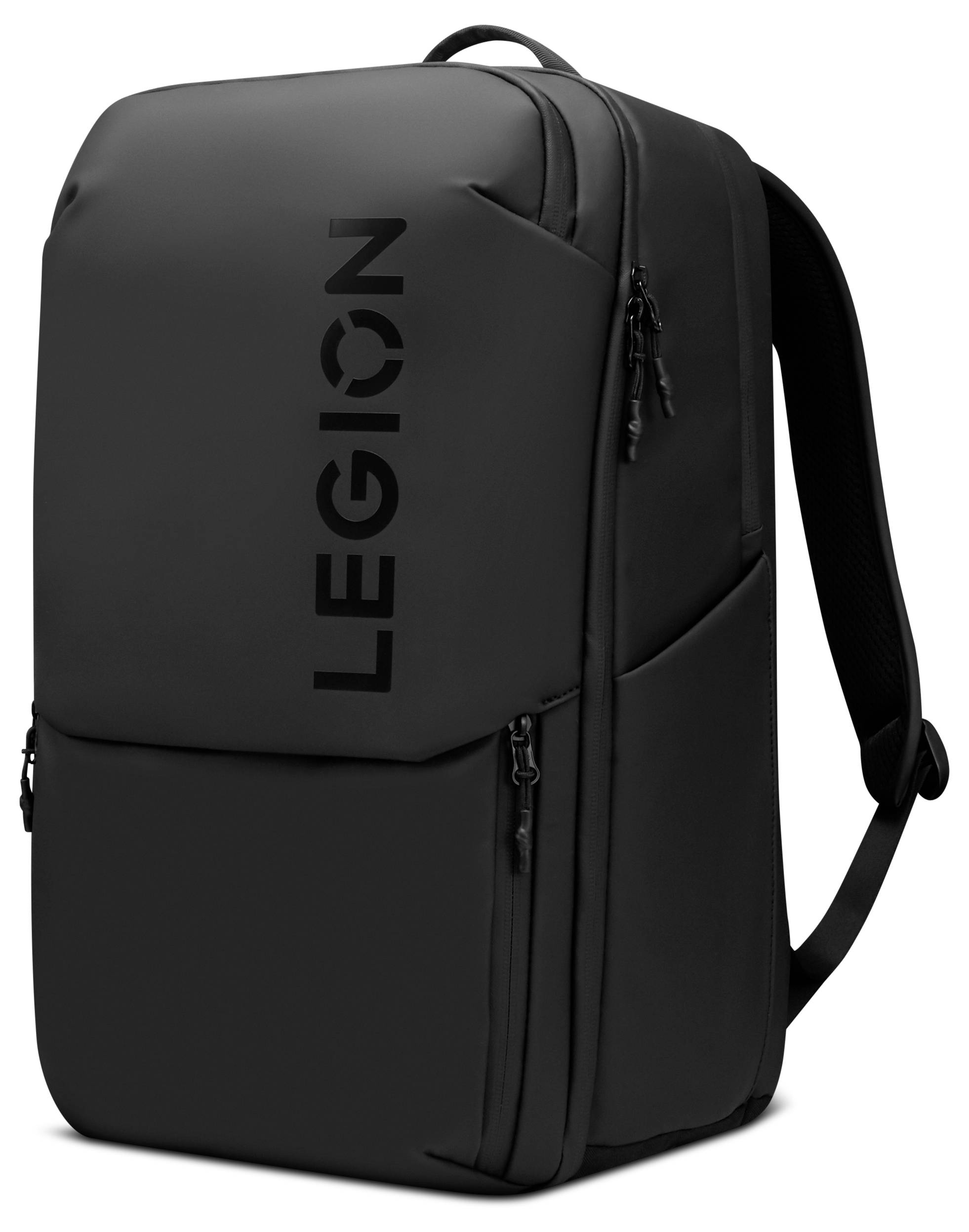 Černý batoh s nápisem 'LEGION' tučným písmem na přední straně, vyznačující se elegantním designem, předním zipovým kapsou a polstrovanými popruhy pro pohodlí.