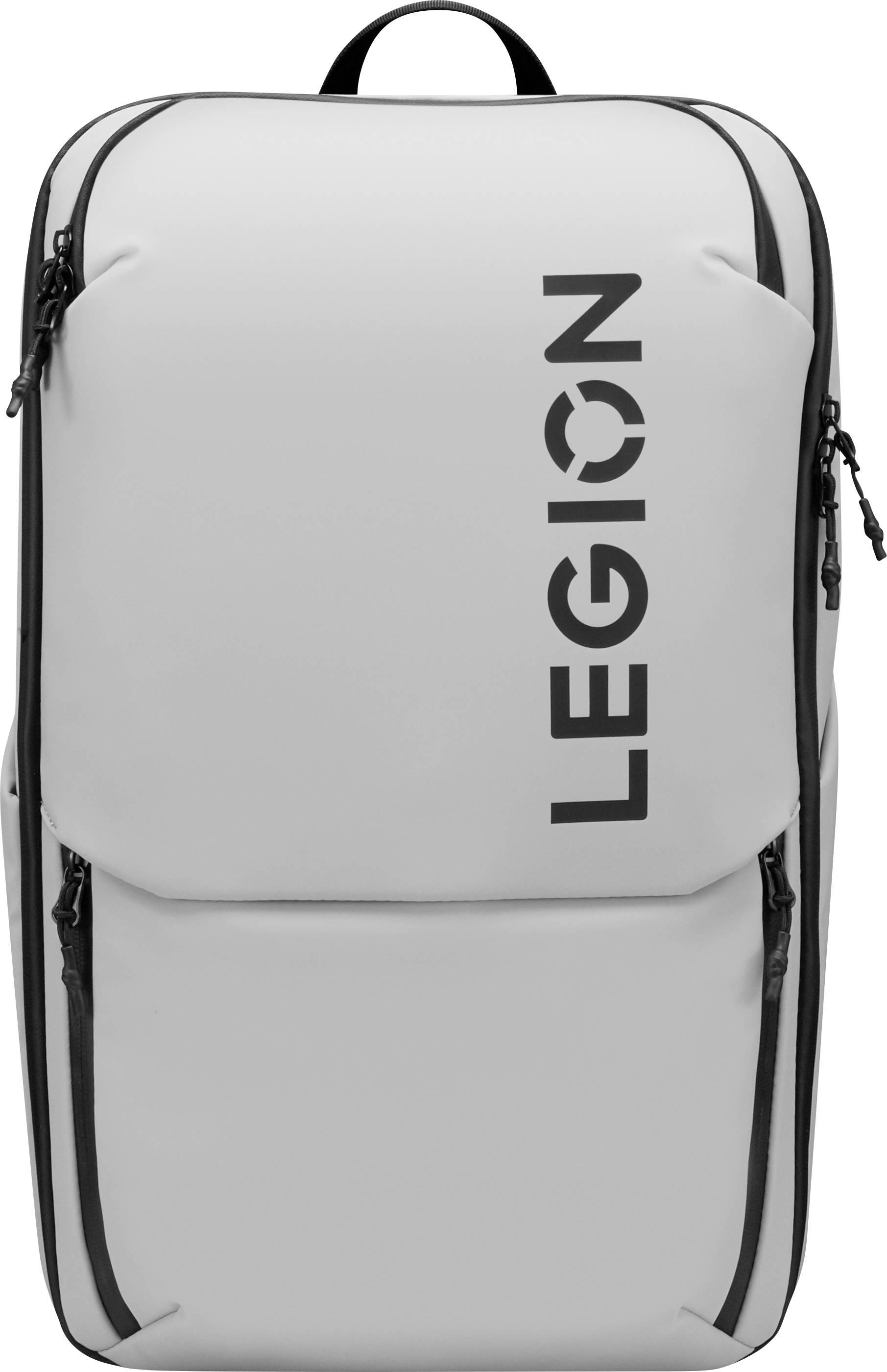Šedý batoh s elegantním designem, na jehož přední straně jsou vytištěna tučná černá písmena slova 'LEGION'.