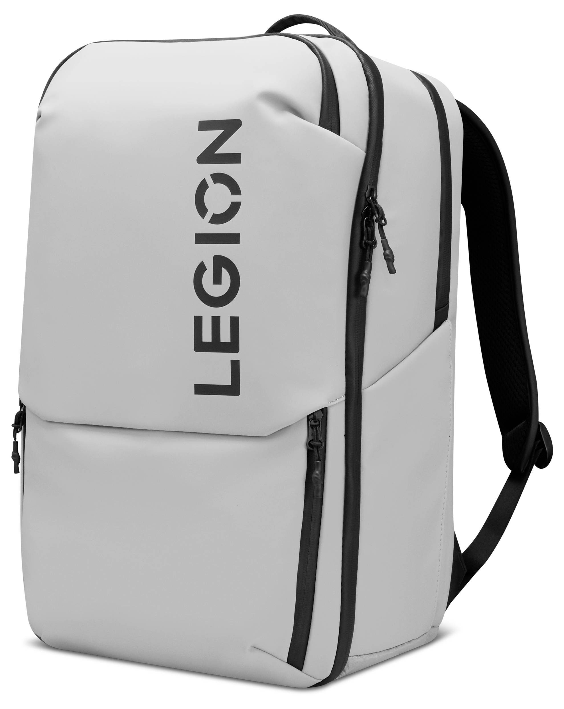 Šedý batoh s nápisem 'LEGION' vytištěným vertikálně na přední straně, vybavený několika zipy a nastavitelnými ramenními popruhy. Vhodný pro přenášení notebooků.