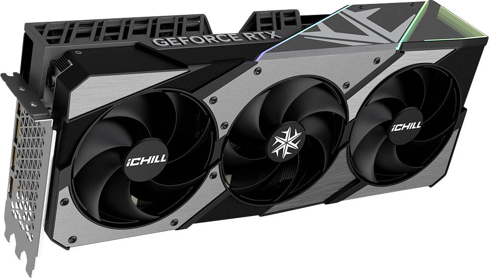 Grafická karta se třemi chladicími ventilátory a logy "GEFORCE RTX" a "iCHILL", vyznačující se moderním designem s úhlovými liniemi.